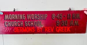 DESCRIPTION: OLD MORNING WORSHIP WOODEN SIGN SIZE: 48"X12" QTY: 1