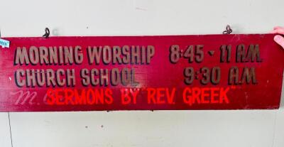 DESCRIPTION: OLD MORNING WORSHIP WOODEN SIGN SIZE: 48"X12" QTY: 1