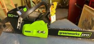 DESCRIPTION: 18" CORDLESS CHAINSAW BRAND/MODEL: GREENWORKS PRO INFORMATION: NO BATTERY OR CHARGER QTY: 1