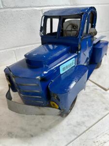 DESCRIPTION: HAND CRAFTED METAL BLUE TRUCK TOY SIZE: 21"X9"X12" QTY: 1