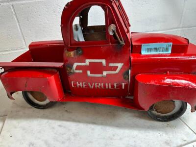 DESCRIPTION: HAND CRAFTED METL CHEVY TRUCK TOY SIZE: 20"X10"X12" QTY: 1