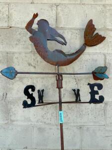 DESCRIPTION: MERMAID THEMED METAL WEATHER VANE SIZE: 7' TALL WITH STAND QTY: 1