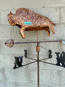 DESCRIPTION: BUFFALO THEMED METAL WEATHER VANE SIZE: 7' TALL WITH STAND QTY: 1