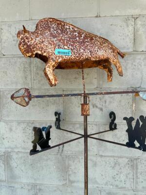 DESCRIPTION: BUFFALO THEMED METAL WEATHER VANE SIZE: 7' TALL WITH STAND QTY: 1