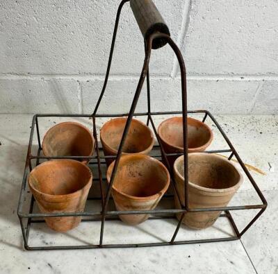 DESCRIPTION: METAL BASKET WITH (6) CLAY GARDEN POTS SIZE: 13"X9-1/2" QTY: 1