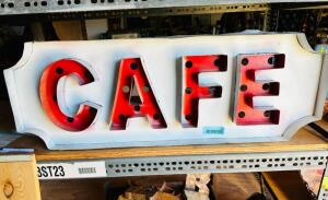 DESCRIPTION: METAL CAFE SIGN WITH LIGHT HOLES SIZE: 35"X12" QTY: 1