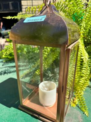 DESCRIPTION: COPPER STYLE LANTERN WITH GLASS SIZE: 17"X7" QTY: 1