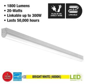 (2) - 4 FT LED GARAGE WORKSHOP CEILING STRIP LIGHT PLUG-IN OR HARDWIRE 1800 LUMENS POWER & LINKING CORD 4000K BRIGHT WHITE