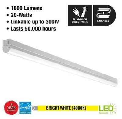 (2) - 4 FT LED GARAGE WORKSHOP CEILING STRIP LIGHT PLUG-IN OR HARDWIRE 1800 LUMENS POWER & LINKING CORD 4000K BRIGHT WHITE