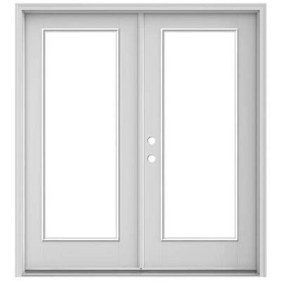 JELD WEN 72 INCH X 80 INCH TEMPERED PRIVACY GLASS PRIMED FIBERGLASS RIGHT HAND INSWING PREHUNG DOUBLE DOOR / PATIO DOOR