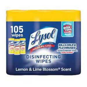 DESCRIPTION: (2) PACKS OF (3) CONTAINERS OF DISINFECTING WIPES BRAND/MODEL: LYSOL SIZE: 105 WIPES RETAIL$: $6.75 EA QTY: 2