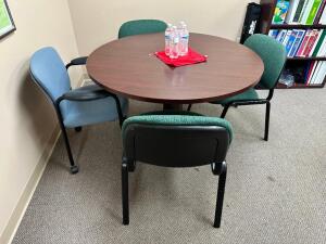 36" ROUND LAMINATE TABLE W/ (4) UPHOLSTERED CHAIRS.