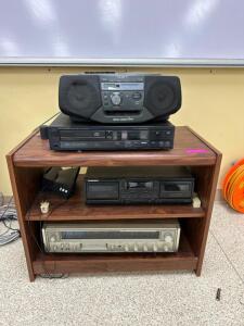 BOOM BOX, CD PLAYER, RADIO, AND STAND