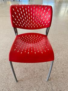 (4) RED PLASTIC STACKING DINING HALL CHAIRS