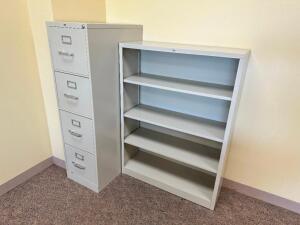 FOUR DRAWER FILE CABINET AND (1) BOOK CASES.