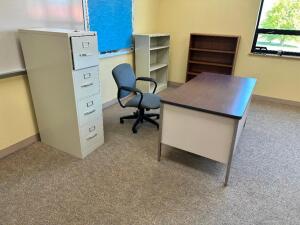 DESK, (2) BOOK CASES, AND (1) FILE CABINET