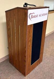 DESCRIPTION: STAND UP WOODEN PODIUM LOCATION LIBRARY SIZE: 22" X 20" X 48"