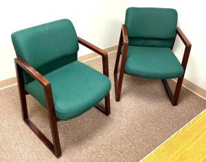 (2) WOODEN FRAMED ARM CHAIRS- GREENLOCATION ROOM 212