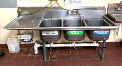 7' THREE WELL STAINLESS POT SINK W/ LEFT SIDE DRY WELL.