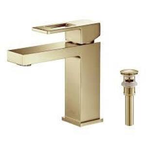 DESCRIPTION: (1) CUBE, SINGLE HANDLE BASIN FAUCET WITH POP UP DRAIN BRAND/MODEL: KIBI #C-KBF1002BG-KPW100BG INFORMATION: BRUSHED GOLD RETAIL$: $158.14