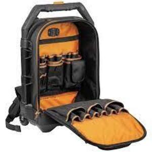 DESCRIPTION: (1) ROLLING TOOL STORAGE BACKPACK BRAND/MODEL: KLEIN TOOLS INFORMATION: BLACK WITH ORANGE SIZE: 17", 28 POCKETS RETAIL$: $199.99 EA QTY: