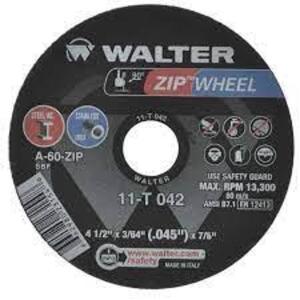 DESCRIPTION: (25) ZIPCUTT CUTOFF WHEEL BRAND/MODEL: WALTER #11-T 042 INFORMATION: STEEL SIZE: 4-1/2" X 3/64" X 7/8" RETAIL$: $125.00 TOTAL QTY: 25