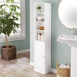 DESCRIPTION: (1) BATHROOM STORAGE LINEN TOWER WITH OPEN AND CONCEALED SHELVES BRAND/MODEL: MAINSTAYS INFORMATION: WHITE SIZE: 13X8.75X59.5 RETAIL$: $5