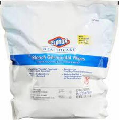 DESCRIPTION: (2) BAGS GERMICIDAL DISINFECTING WIPES BRAND/MODEL: CLOROX/4XKR8 INFORMATION: 110 WIPES PER BAG SIZE: 12" X 12" SHEET SIZE RETAIL$: $150.