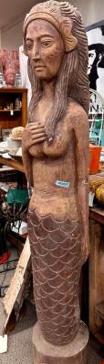 DESCRIPTION: HAND CARVED WOODEN MERMAID STATUE SIZE: 7'X10" QTY: 1