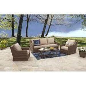 DESCRIPTION: (1) WICKER PATIO SET, COUCH AND 2 CHAIRS BRAND/MODEL: BETTER HOMES AND GARDENS INFORMATION: IVORY / GRAY CUSHIONS RETAIL$: $698.00 TOTAL