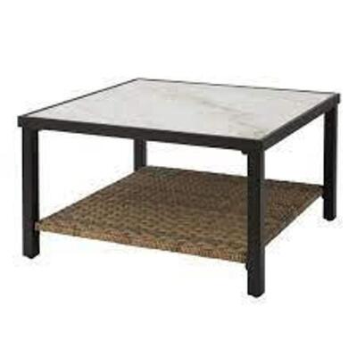 DESCRIPTION: (1) TILE TOP COFFEE TABLE WITH WICKER SHELF BRAND/MODEL: BETTER HOMES AND GARDENS #BHS136157386512 INFORMATION: RIVER OAKS, STEEL RETAIL$