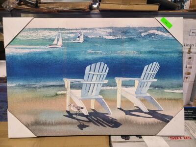 (1) PAINTING OF 2 CHAIRS OVERLOOKING THE OCEAN WITH SAILBOATS