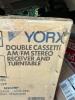 DESCRIPTION: VINTAGE YORK DOUBLE CASSETTE AM/FM RECEIVER AND SPEAKER WITH TURNTABLE INFORMATION: BRAND NEW IN BOX QTY: 1 - 5