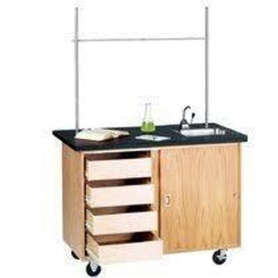 DESCRIPTION: (1) CHEMISTRY LAB DESK WITH STORAGE CABINET AND SINK BRAND/MODEL: WAYFAIR INFORMATION: WOOD AND BLACK RETAIL$: $4382.00 EA QTY: 1