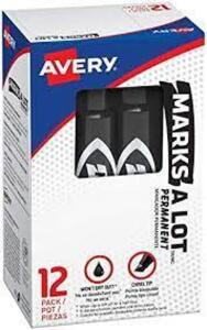 DESCRIPTION: (6) BOXES OF (12) PERMANENT MARKERS, CHISEL POINT BRAND/MODEL: AVERY #07888-400 INFORMATION: BLACK, MARKS A LOT SIZE: REGULAR SIZE RETAIL