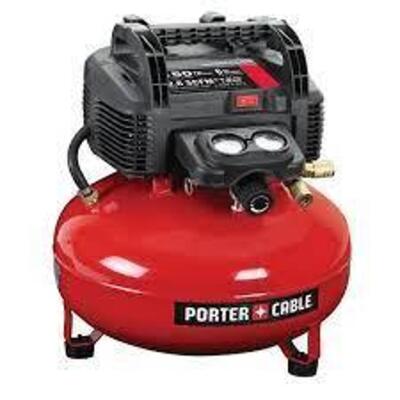 DESCRIPTION: (1) PORTABLE AIR COMPRESSOR BRAND/MODEL: PORTER CABLE #1VAN5 SIZE: OIL FREE, 6 GAL, PANCAKE, 0.8 HP, 2.6 CFM @ 90 PSI, 120V AC RETAIL$: $