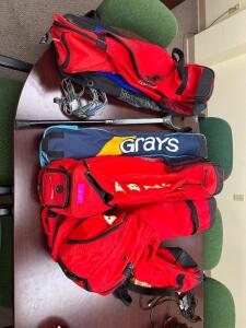 ASSORTED FIELD HOCKEY BAGS WITH CONTENTS