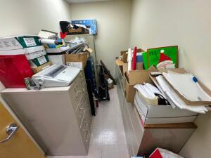 LARGE GROUP OF CABINETS AND ASSORTED OFFICE SUPPLIES