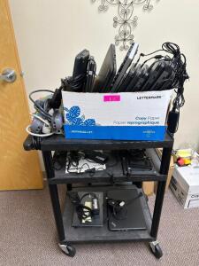 ROLLING MEDIA CART WITH ASSORTED LAPTOP PARTS