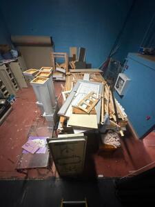 LARGE GROUP OF STAGE PROPS, BACKDROPS AND ASSORTED LUMBER
