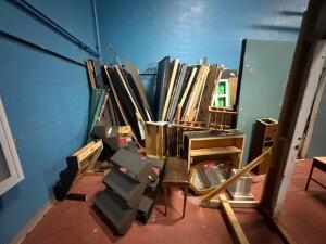 LARGE ASSORTMENT OF STAGE PROPS, BACKDROPS, AND ASSORTED LUMBER
