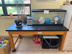 TABLE WITH HAMPSTER ENCLOSURE AND ASSORTED PLANTS AND EQUIPMENT