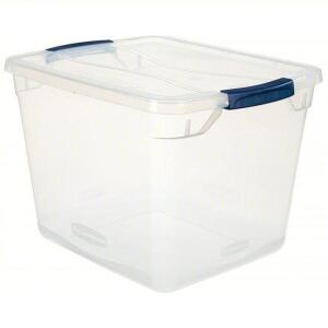 DESCRIPTION: (8) STORAGE TOTE BRAND/MODEL: RUBBERMAID #60VZ26 INFORMATION: CLEAR SIZE: 7.5 gal, 18 3/4 in x 13 3/8 in x 10 1/2 in RETAIL$: $22.87 EA Q