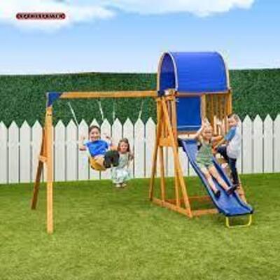 DESCRIPTION: (1) WOODEN SWING SET BRAND/MODEL: SPORTSPOWER INFORMATION: ADDISON SIZE: 116" X 95.2" RETAIL$: $399.99 EA QTY: 1