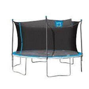 DESCRIPTION: (1) TRAMPOLINE WITH BASKETBALL HOOP AND SAFETY NETTING BRAND/MODEL: BOUNCE PRO INFORMATION: BLUE AND BLACK SIZE: 14' RETAIL$: $269.98 EA