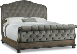 DESCRIPTION: RHAPOSDY RUSTIC WALNUT WITH DEEP GREY KING SIZE TUFTED SLEIGH BED BRAND/MODEL: HOOKER 5070-90566A-GRY INFORMATION: AMERICAN TRADITIONAL,
