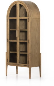 DESCRIPTION: IRONDALE ANTIQUE BRASS/TEMPERED GLASS DRIFTED OAK TOLLE CABINET BRAND/MODEL: FOUR HANDS 225878-002 INFORMATION: MID-CENTURY MODERN SIZE: