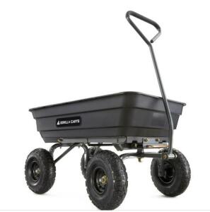 DESCRIPTION: (1) POLY GARDEN DUMP CART BRAND/MODEL: GORILLA CARTS/GOR4PS INFORMATION: 10" TIRES, 600LB HAULING CAPACITY RETAIL$: $106.99 SIZE: 38.70 x