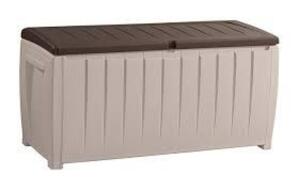 DESCRIPTION: (1) RESIN DECK BOX BRAND/MODEL: KETER INFORMATION: NOVEL, BROWN AND TAN SIZE: 90 GAL RETAIL$: $80.99 EA QTY: 1