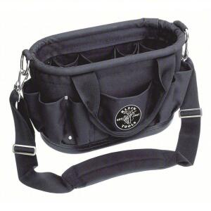 DESCRIPTION: (1) TOOL TOTE BRAND/MODEL: KLEIN TOOLS INFORMATION: BLACK SIZE: POLYESTER, BLACK, 7 OUTSIDE POCKETS, 5 INSIDE POCKETS, 15 1/2 IN OVERALL